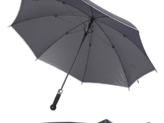 Kleiner Sicherheitsschirm in schwarz mit Knaufgriff – Produktbild geöffnet und geschlossen