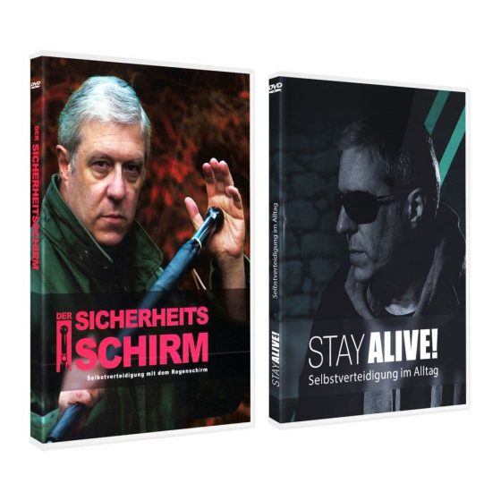 DVD Doppelset Sicherheitsschirm und Stay Alive - Selbstverteidigung mit Regenschirm und ohne Hilfsmittel Videokurs in Deutsch Vorderansicht