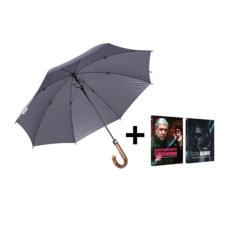 Kombipaket 2 - Sicherheitsschirm Standard Rundhaken mit 2 DVDs zu Selbstverteidigung mit und ohne Regenschirm
