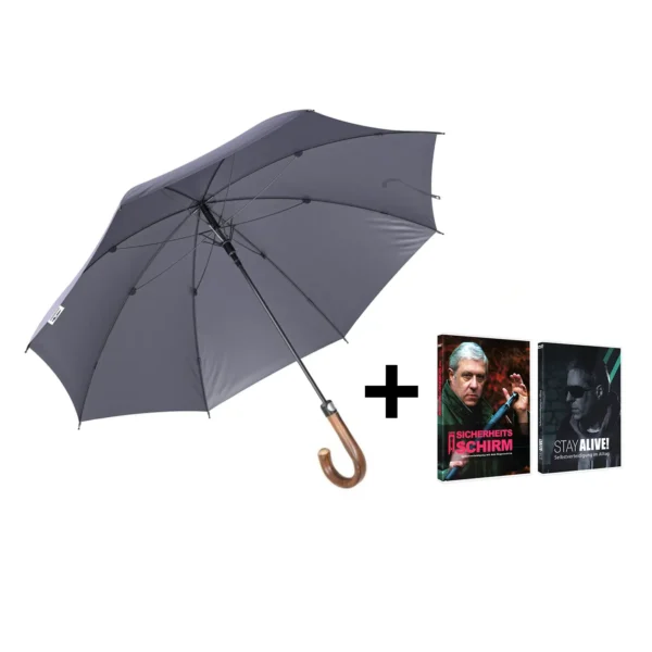 Kombipaket 6 - Sicherheitsschirm XXL Rundhaken mit 2 DVDs zu Selbstverteidigung mit und ohne Regenschirm