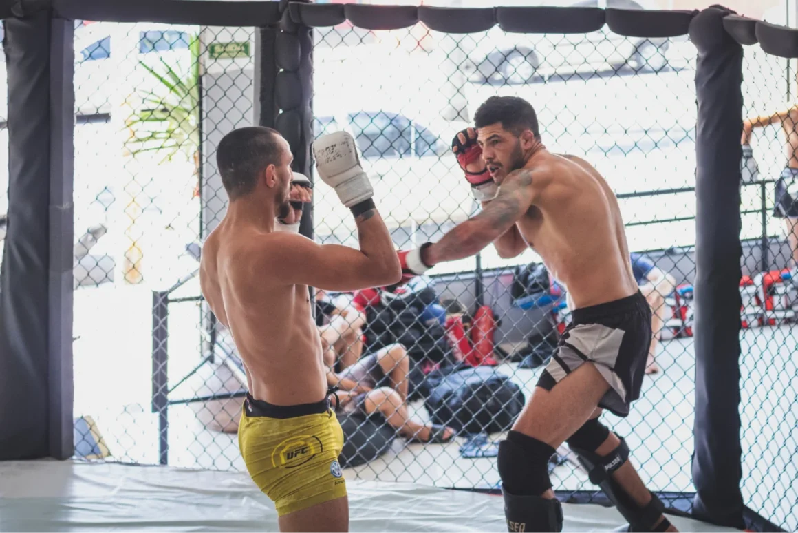 Zwei MMA-Figher trainieren leichtes Sparring im Cage