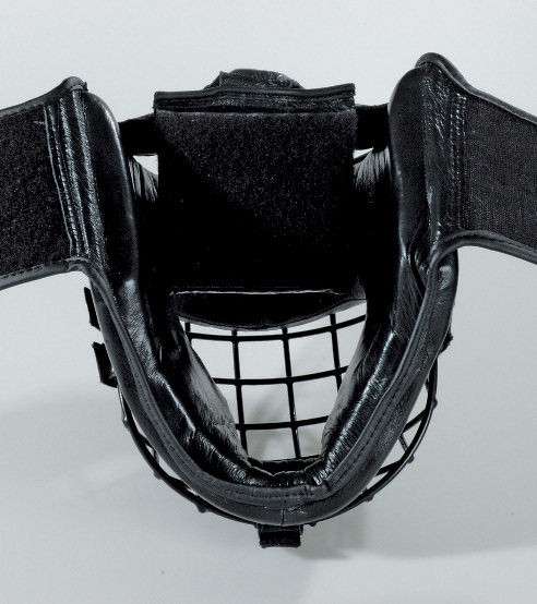 KWON Kopfschutz mit Eisengitter schwarz - Ansicht von unten Klett geöffnet
