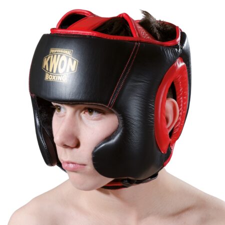 KWON Professional Boxing Sparring Kopfschutz schwarz-rot - seitliche Vorderansicht Kopf