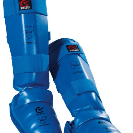 Wacoku Schienbeinschoner Spannschutz wkf anerkannt blau - Vorderansicht Paar