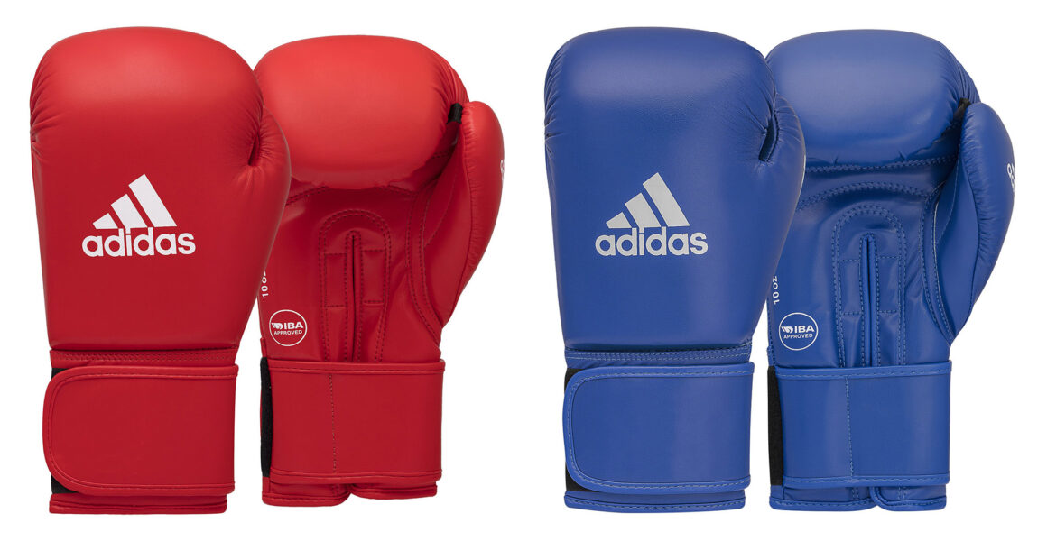 Adidas Boxhandschuhe IBA 10oz rot und blau - Vorder- und Rückansicht