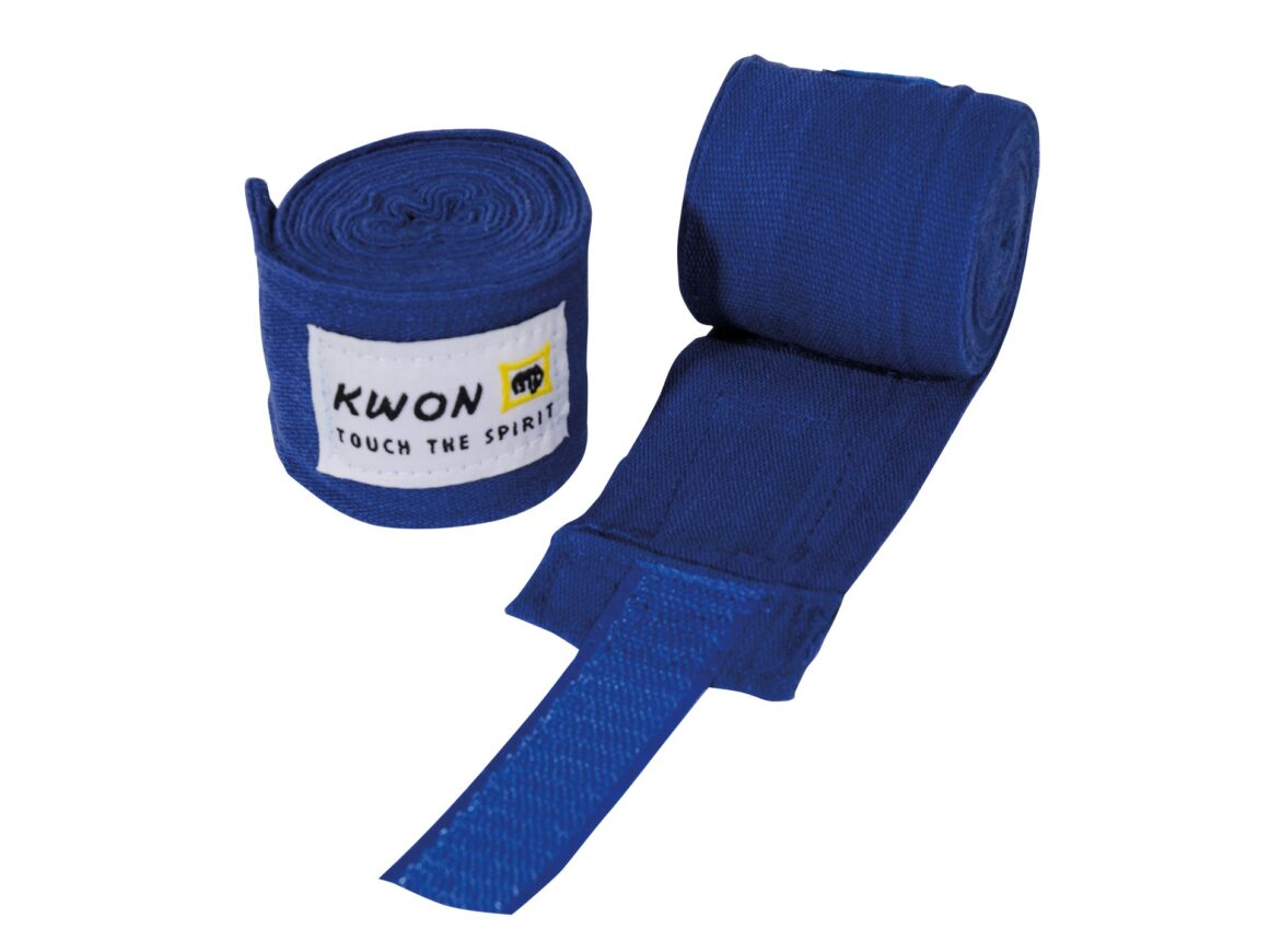 Kwon Boxbandagen elastisch 2,5m blau - Vorderansicht und sichtbarer Klettverschluss
