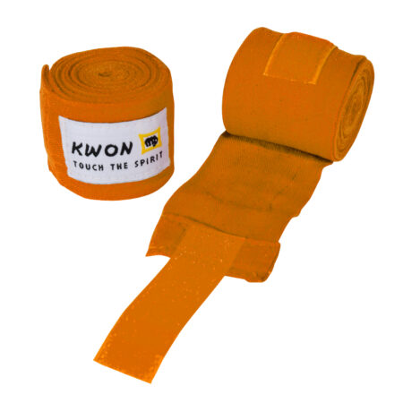 Kwon Boxbandagen elastisch 2,5m orange - Vorderansicht und sichtbarer Klettverschluss