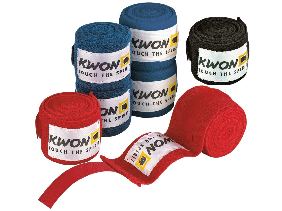 Kwon Boxbandagen unelastisch 4,5m schwarz, rot, blau - Vorderansicht