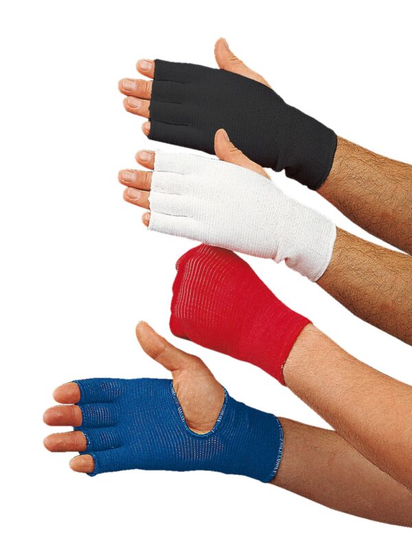 Kwon Innenhandschuhe schwarz, weiß, rot, blau - Ansicht an der Hand