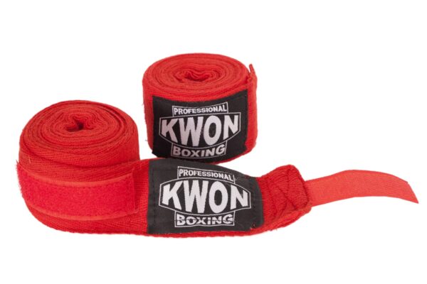 Kwon Proffesional Boxing Boxbandage unelastisch 5m rot - Ansicht Paar mit Klettverschluss