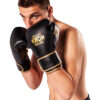 Kwon Professional Boxing Boxhandschuhe Sparring Defensiv schwarz-gold - Seitenansicht vorne Boxer in defensiv Stellung Fäuste oben
