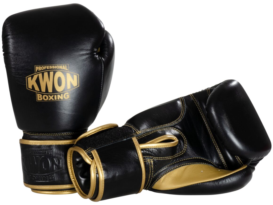 Kwon Professional Boxing Boxhandschuhe Sparring Defensiv schwarz-gold - Vorder- und Rückseite seitlich gekippt
