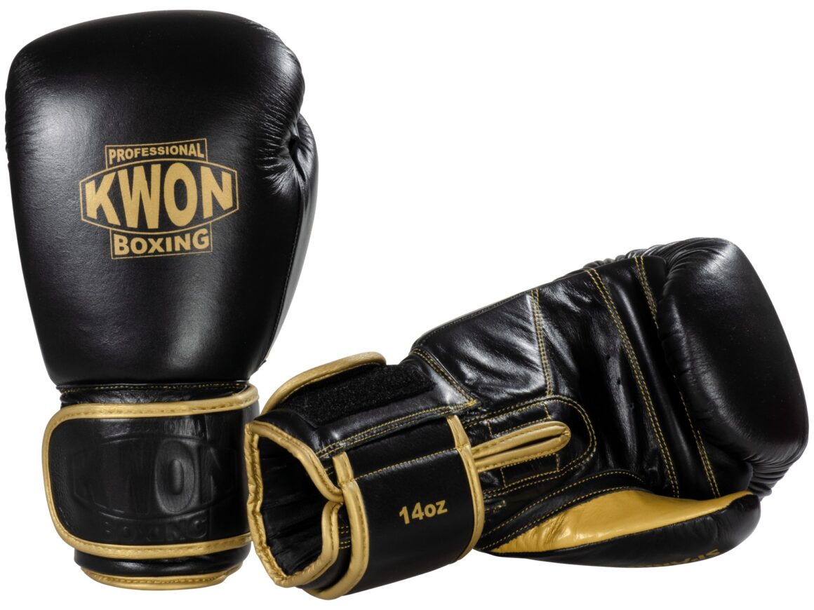 Kwon Professional Boxing Boxhandschuhe Sparring Offensiv schwarz-gold - Vorder- und Rückseite seitlich gekippt
