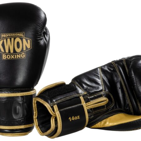 Kwon Professional Boxing Boxhandschuhe Sparring Offensiv schwarz-gold - Vorder- und Rückseite seitlich gekippt