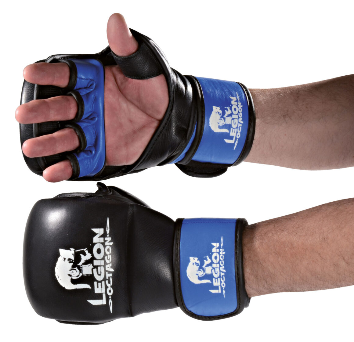 Legion Octagon MMA Handschuhe Sparring schwarz-blau - Vorder- und Rückansicht Hand