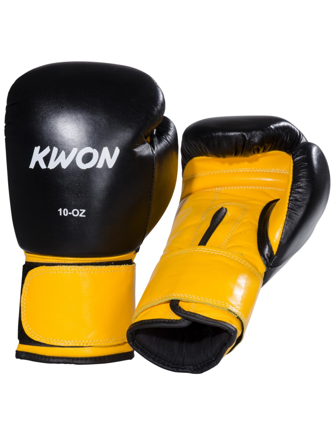 Kwon Boxhandschuhe Knocking schwarz-gelb - Innenansicht liegend und Rückhand Frontansicht