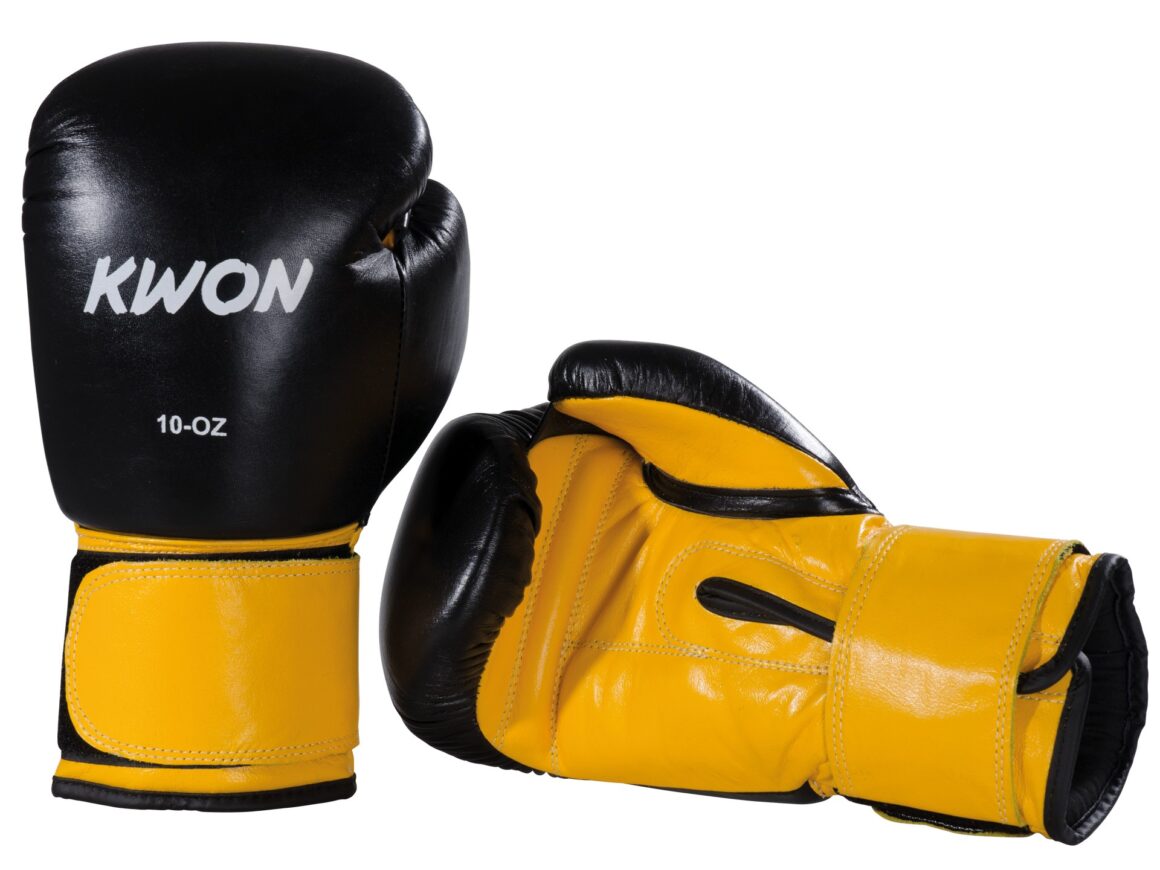 Kwon Boxhandschuhe Knocking schwarz-gelb - Innenansicht seitlich liegend und Rückhand Frontansicht