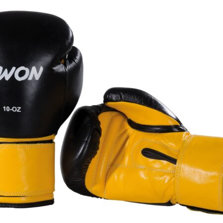 Kwon Boxhandschuhe Knocking schwarz-gelb - Innenansicht seitlich liegend und Rückhand Frontansicht