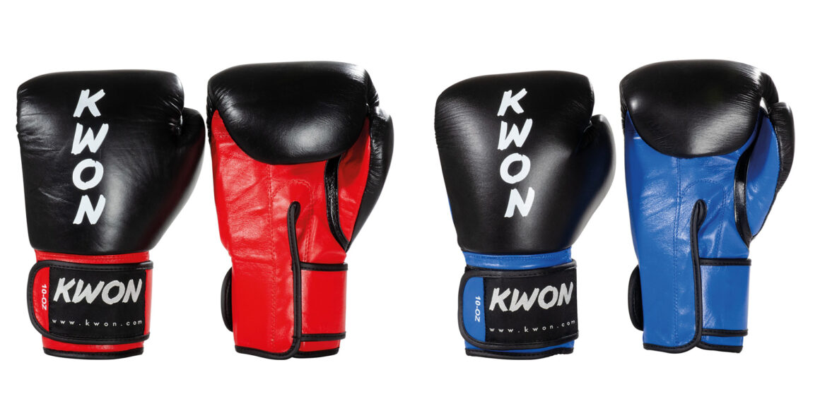 Kwon Kickboxhandschuhe Ko Champ schwarz-blau und schwarz-rot - Rückhand und Innenhand Vorderansicht