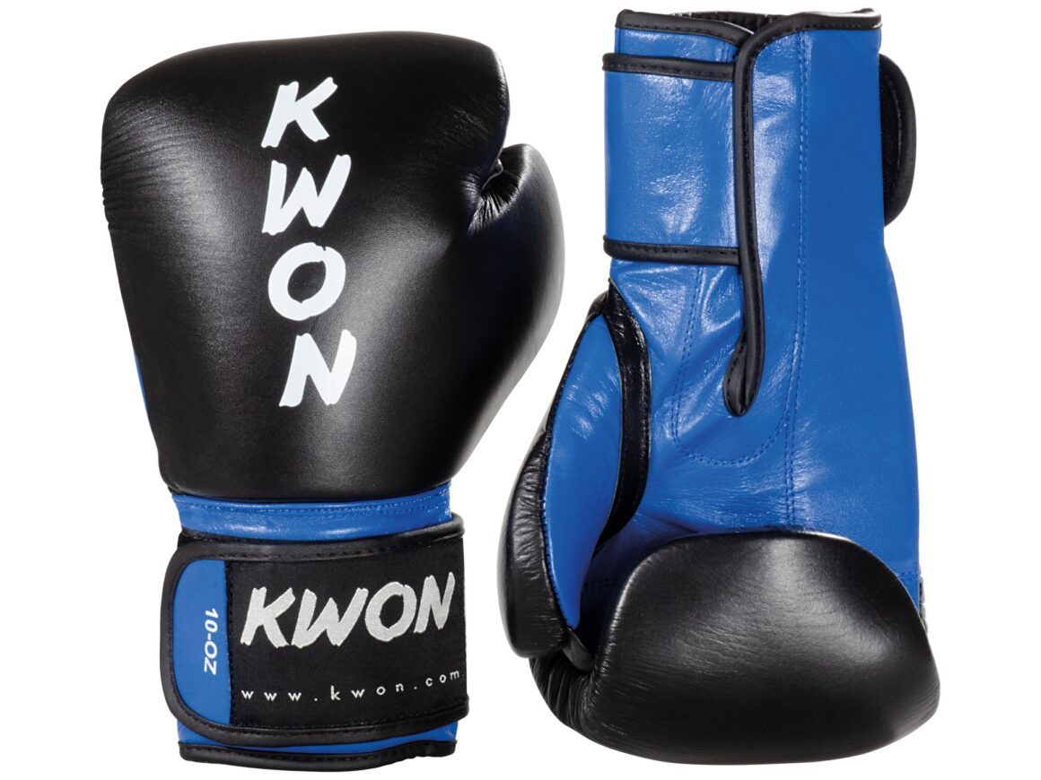 Kwon Kickboxhandschuhe Ko Champ schwarz-blau - Rückhand und Innenhand Vorderansicht