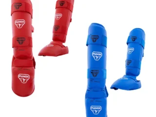 Punok WKF zertifiziert Schienbeinschoner blau und rot - Vorderansicht und Seitenansicht links