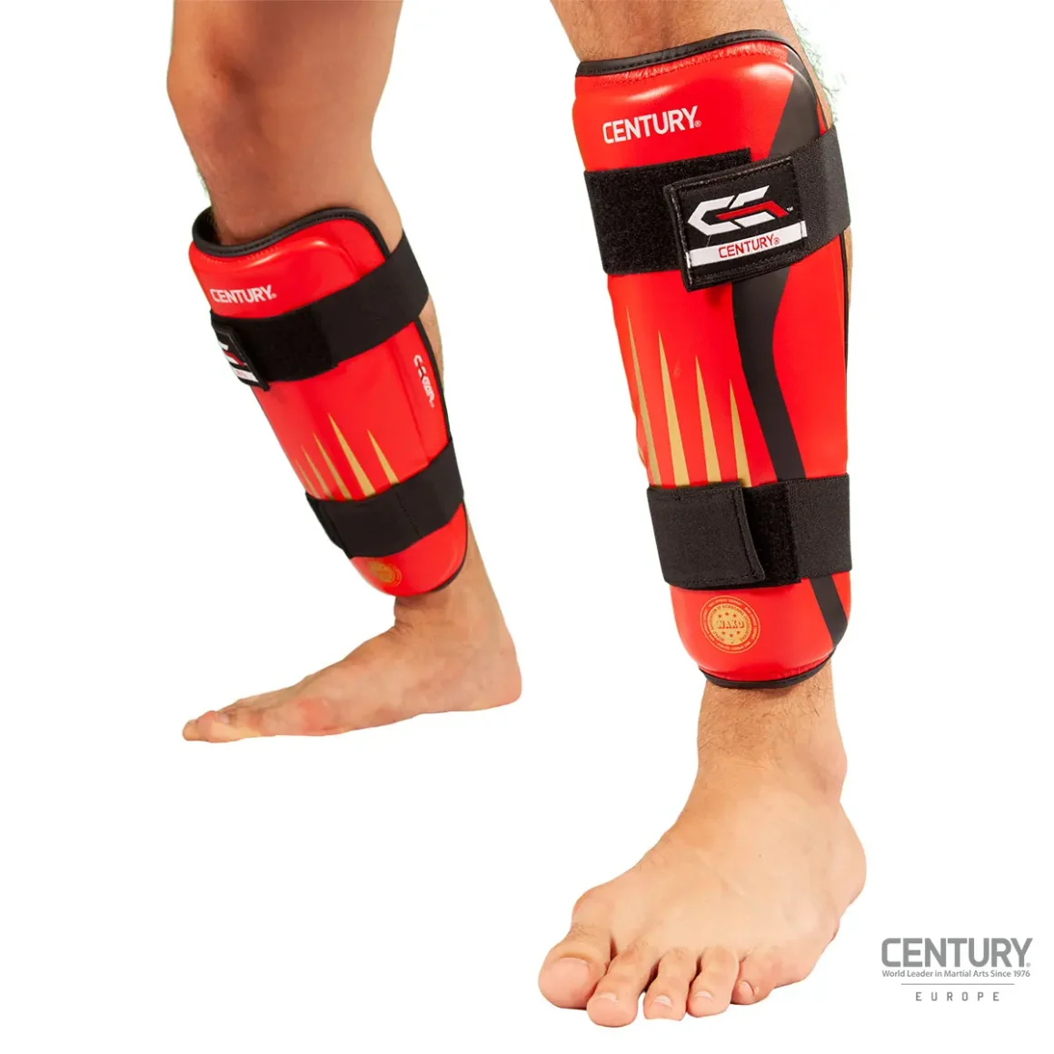 Century Schienbeinschutz C-GEAR Integrity rot-gold - Vorderansicht ohne Spannschutz Beine