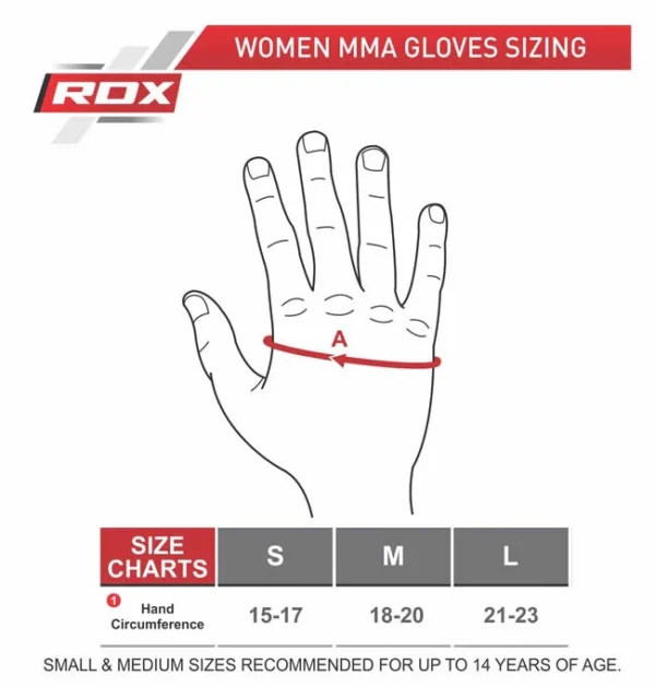 RDX MMA Handschuhe Größentabelle Frauen - Handumfang S (15-17cm), M (18-20cm), L (21-23cm), Größe S und M für Kinder ab 14 Jahre