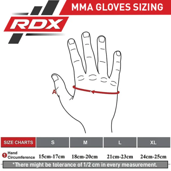 RDX MMA Handschuhe Größentabelle - 1-2 cm Toleranz beim Handumfang S (15-17cm), M (18-20cm), L (21-23cm), XL (24-25cm)