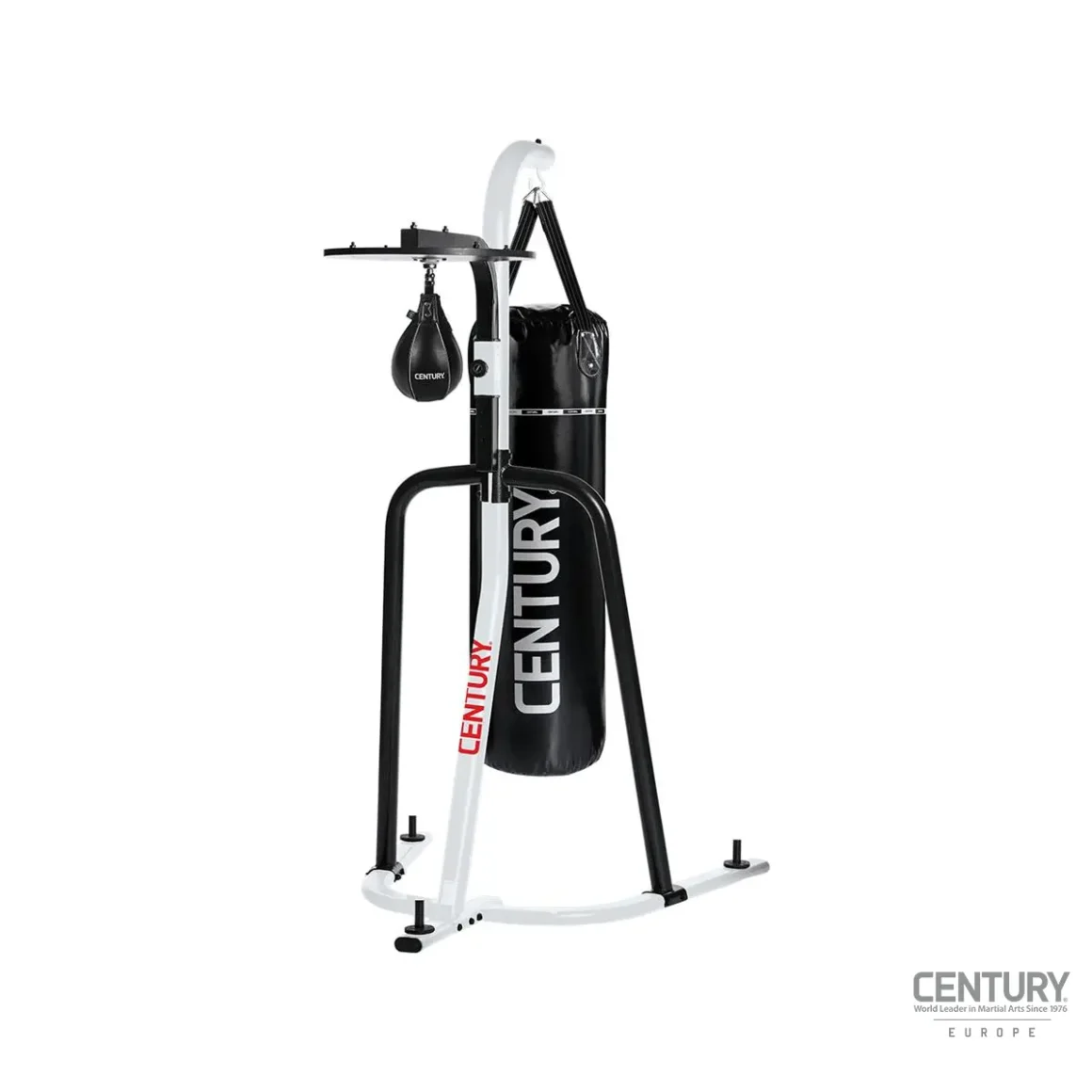 Century Boxsackständer Speedbag Plattform - Rückansicht mit Speedbag und Boxsack abgebildet