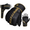 F6 Kara MMA Handschuhe Grappling gold - 3 Ansichten mit Rueckhand mit Klettband offen mit Hand, Faustansicht und Innehand Ansicht