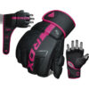 F6 Kara MMA Handschuhe Grappling pink - 3 Ansichten mit Rueckhand mit Klettband offen mit Hand, Faustansicht und Innehand Ansicht