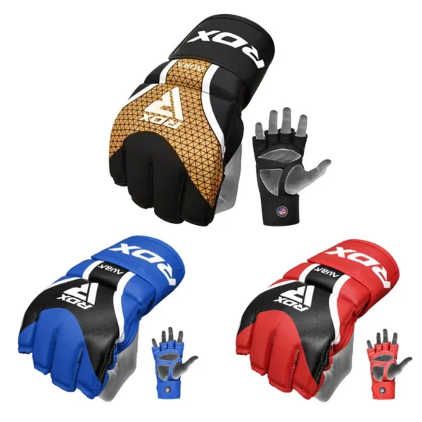 RDX Aura Plus T-17 MMA Handschuhe Grappling rot-schwarz, blau-schwarz und schwarz-gold - Handrücken Faustansicht und Innenseite an Hand