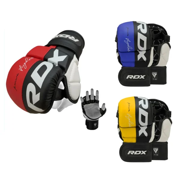 RDX T6 MMA Handschuhe Sparring rot, blau, gelb - Rückhand und Innenansicht