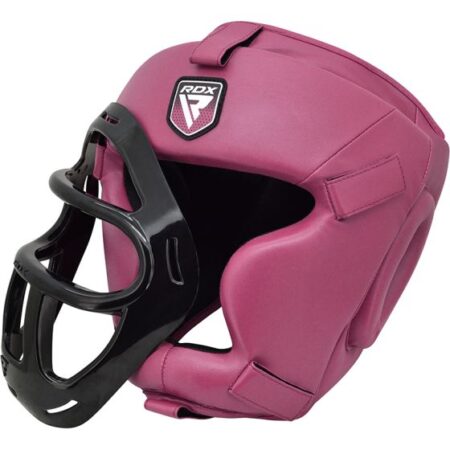 RDX T1F Kopfschutz mit abnehmbarem Gesichtskäfig pink - Seitenansicht mit offenem Gitterschutz