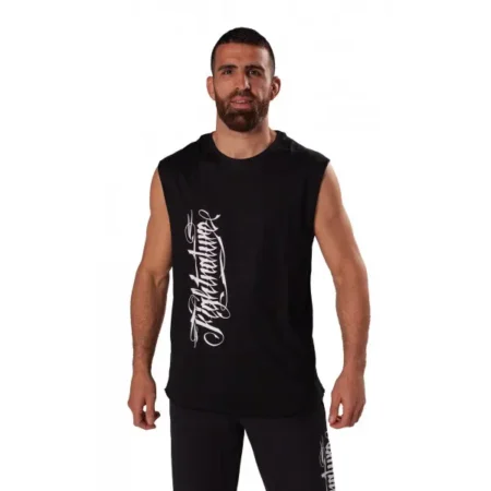 Fightnature Herren T-Shirt ärmellos schwarz - Vorderansicht an einem Mann mit Vollbart