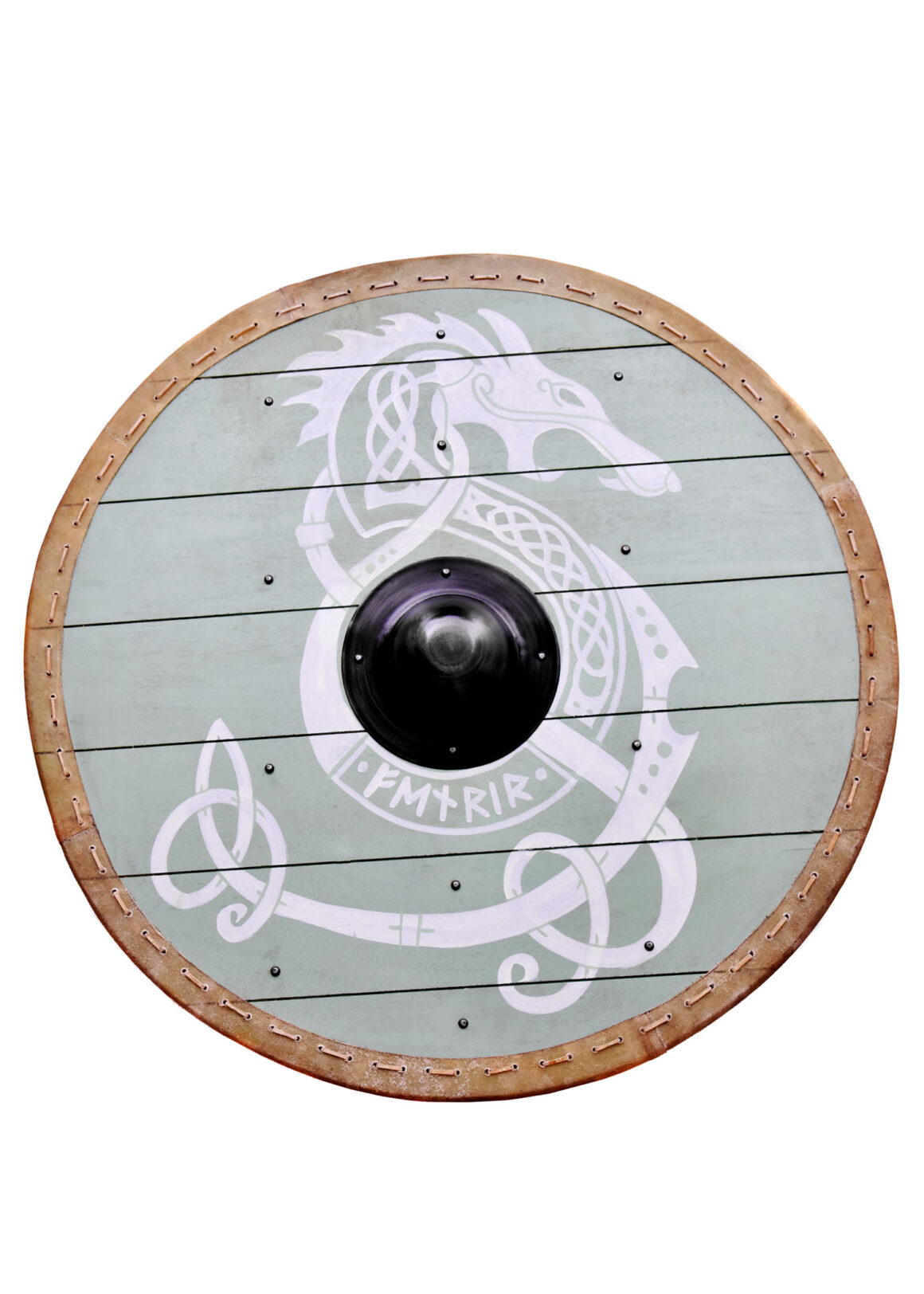 Wikingerschild 'Fenrir' mit Rohaut-Umrandung, 80 cm (Holz, Leder, Stahl)