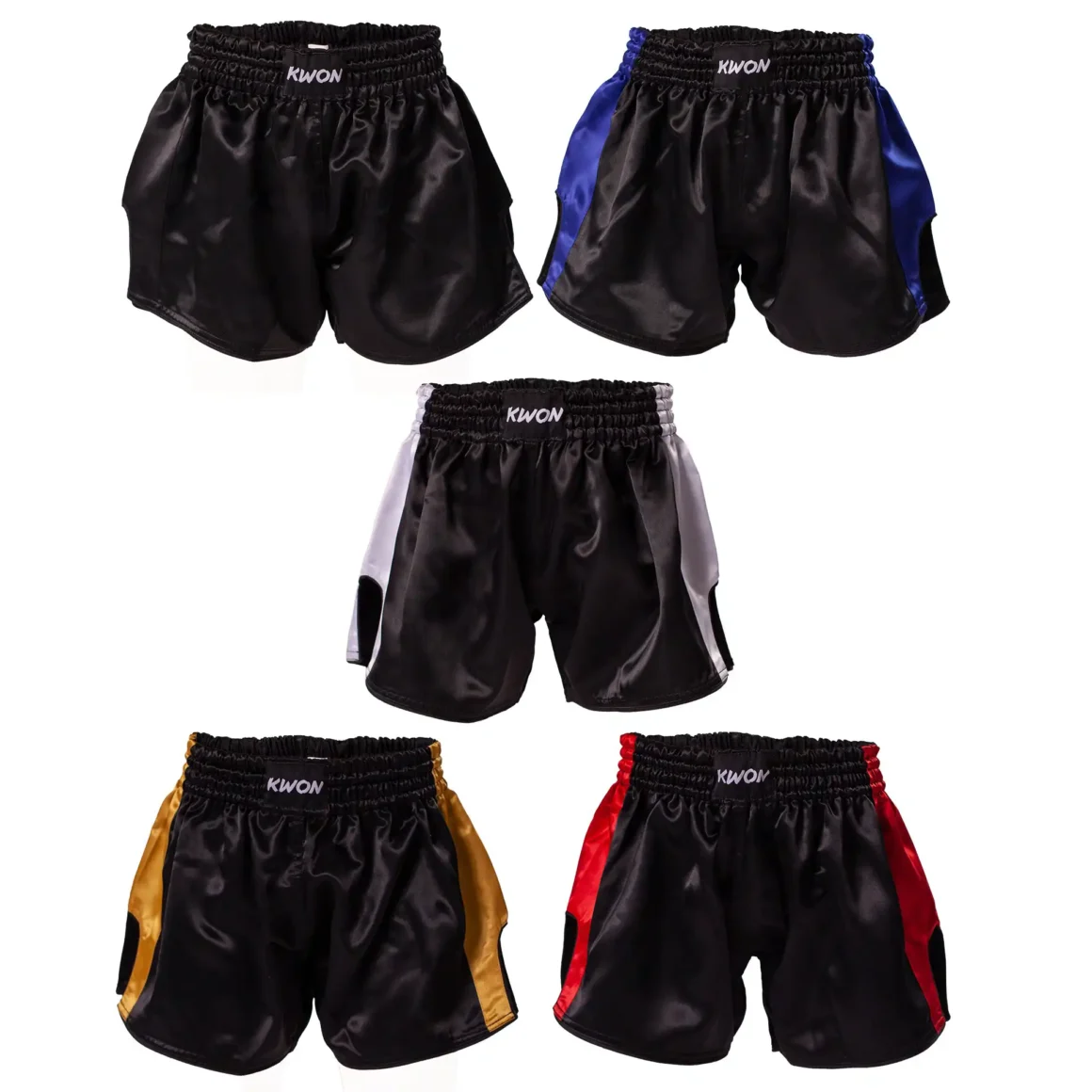 Kwon Clubline Thai Shorts schwarz, blau, weiß, gold, rot - Vorderansicht