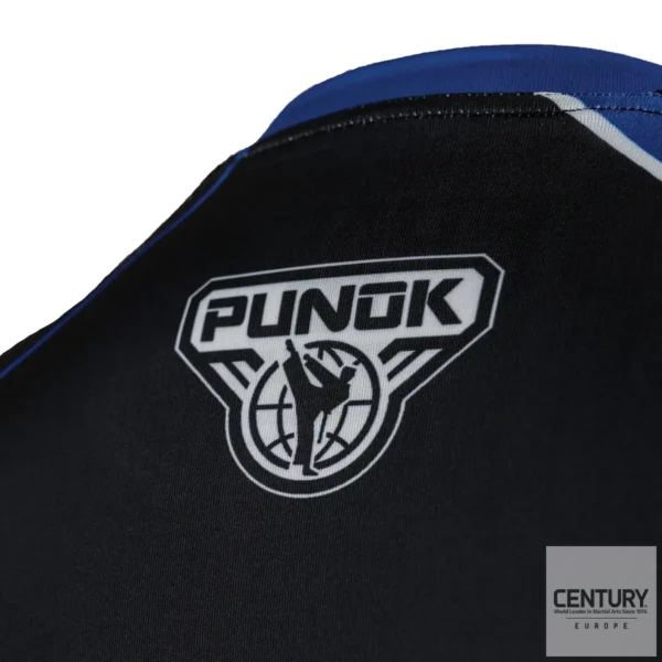 Punok Unisex Langarm Kompressionsshirt schwarz-blau-weiß - Rückansicht Nahaufnahme Logo