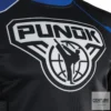 Punok Unisex Langarm Kompressionsshirt schwarz-blau-weiß - Nahaufnahme Vorderansicht Logo