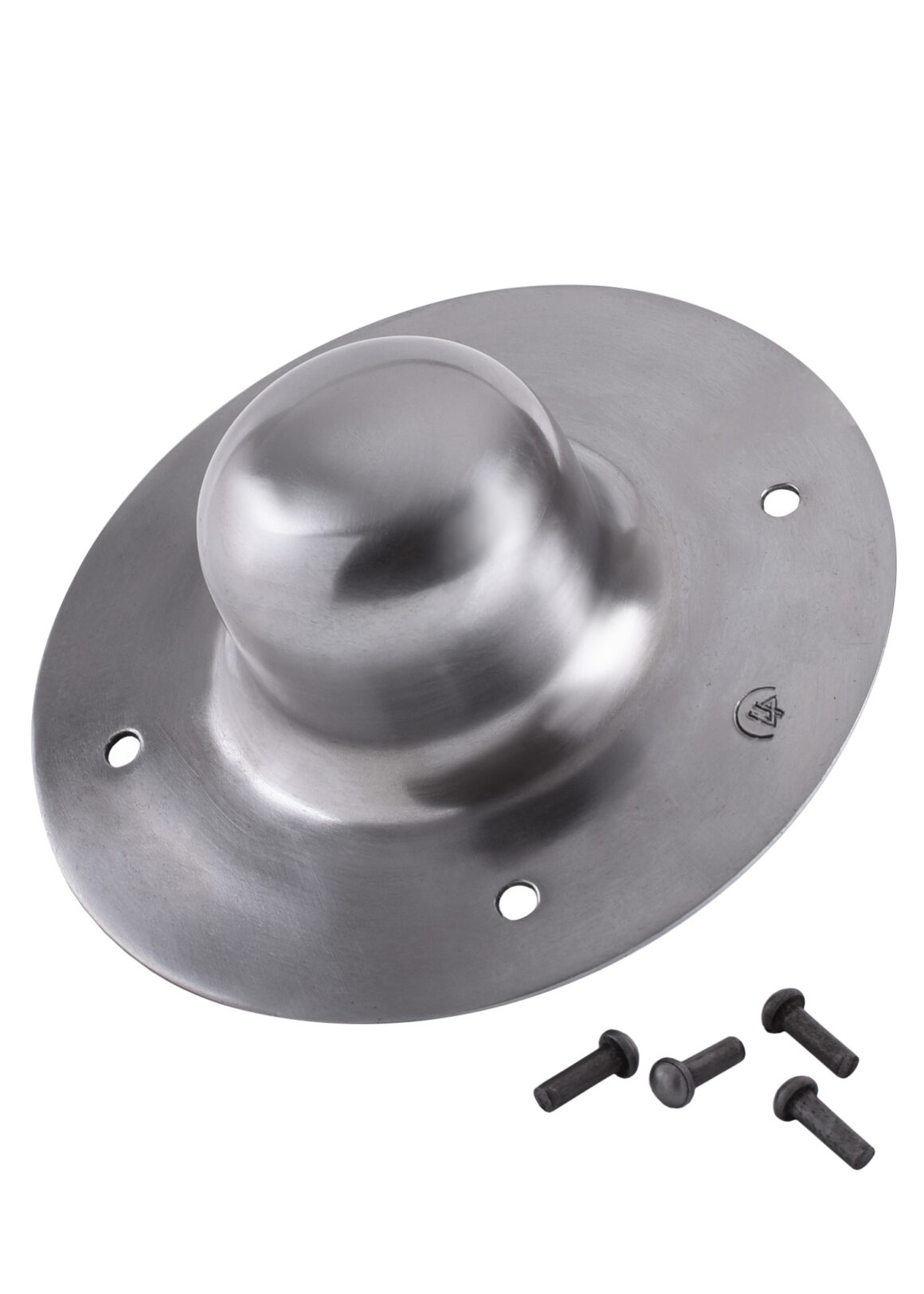 Ulfberth Schildbuckel für Norman Schild Kohlenstoffstahl 2mm, 6 cm Durchmesser - leicht schräge Vorderansicht mit 4 Nieten