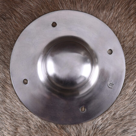 Ulfberth Schildbuckel für Norman Schild Kohlenstoffstahl 2mm, 6 cm Durchmesser - Vorderansicht auf Fellunterlage