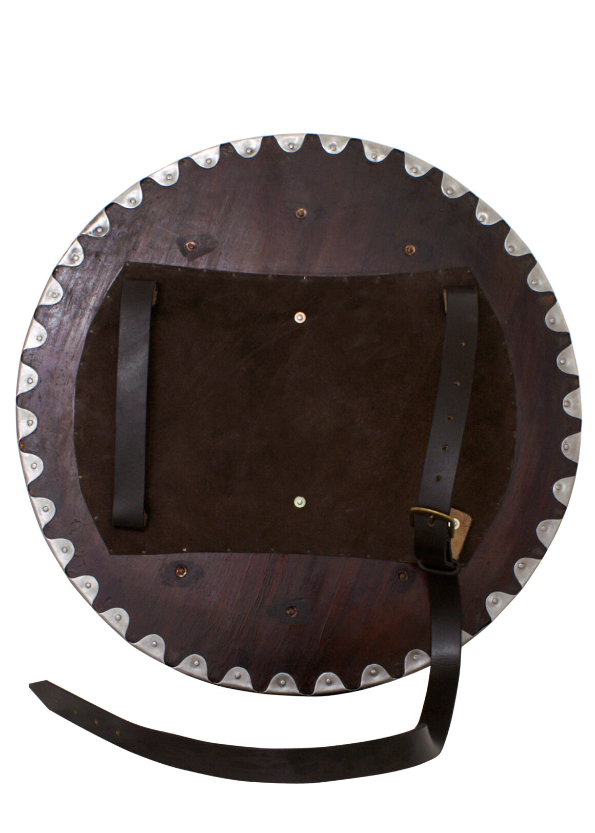 ULFBERTH Wikinger Rundschild, Schaukampftauglich (Holz, Stahl, Leder) 54,5 cm Durchmesser - Rückansicht