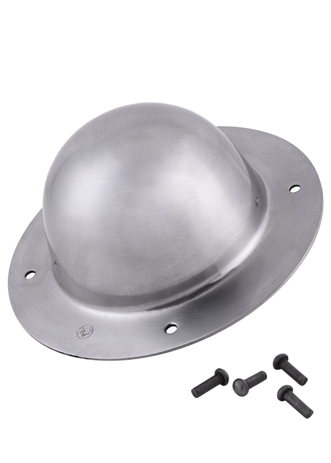 ULFBERTH Grosser Schildbuckel, schaukampftauglich (Stahl) 20 cm Durchmesser - leicht schräge Vorderansicht mit 4 Nieten