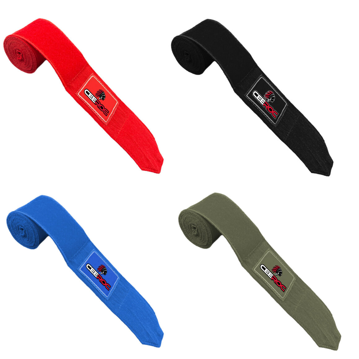 Ceeroc Boxbandagen olive, rot, schwarz, blau - Ansicht leicht aufgerollt mit Logo