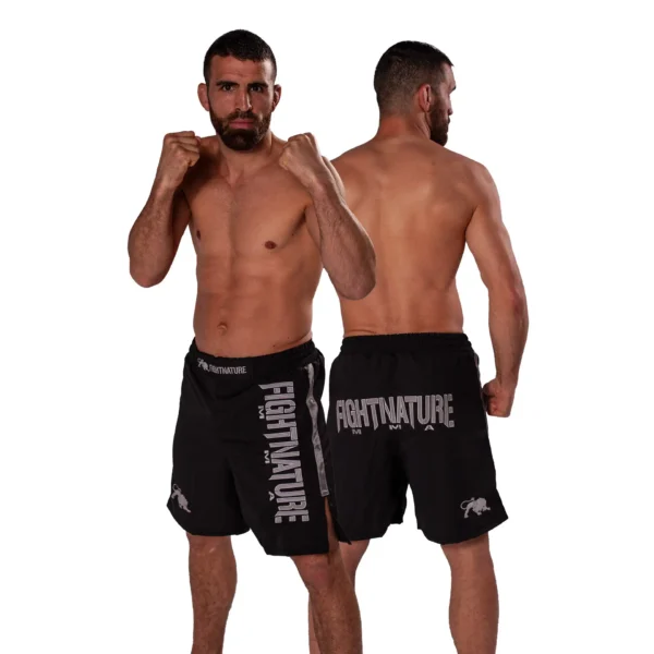 Fightnature MMA Cage Shorts schwarz-grau - Vorder- und Rückansicht an Kampfsportler