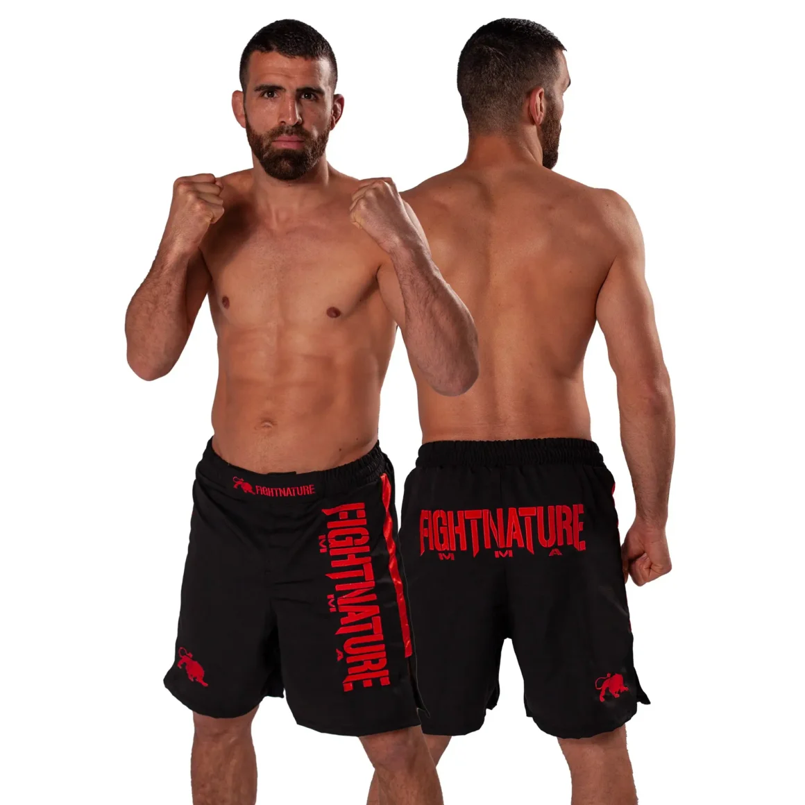 Fightnature MMA Cage Shorts schwarz-rot - Vorder- und Rückansicht an Kampfsportler