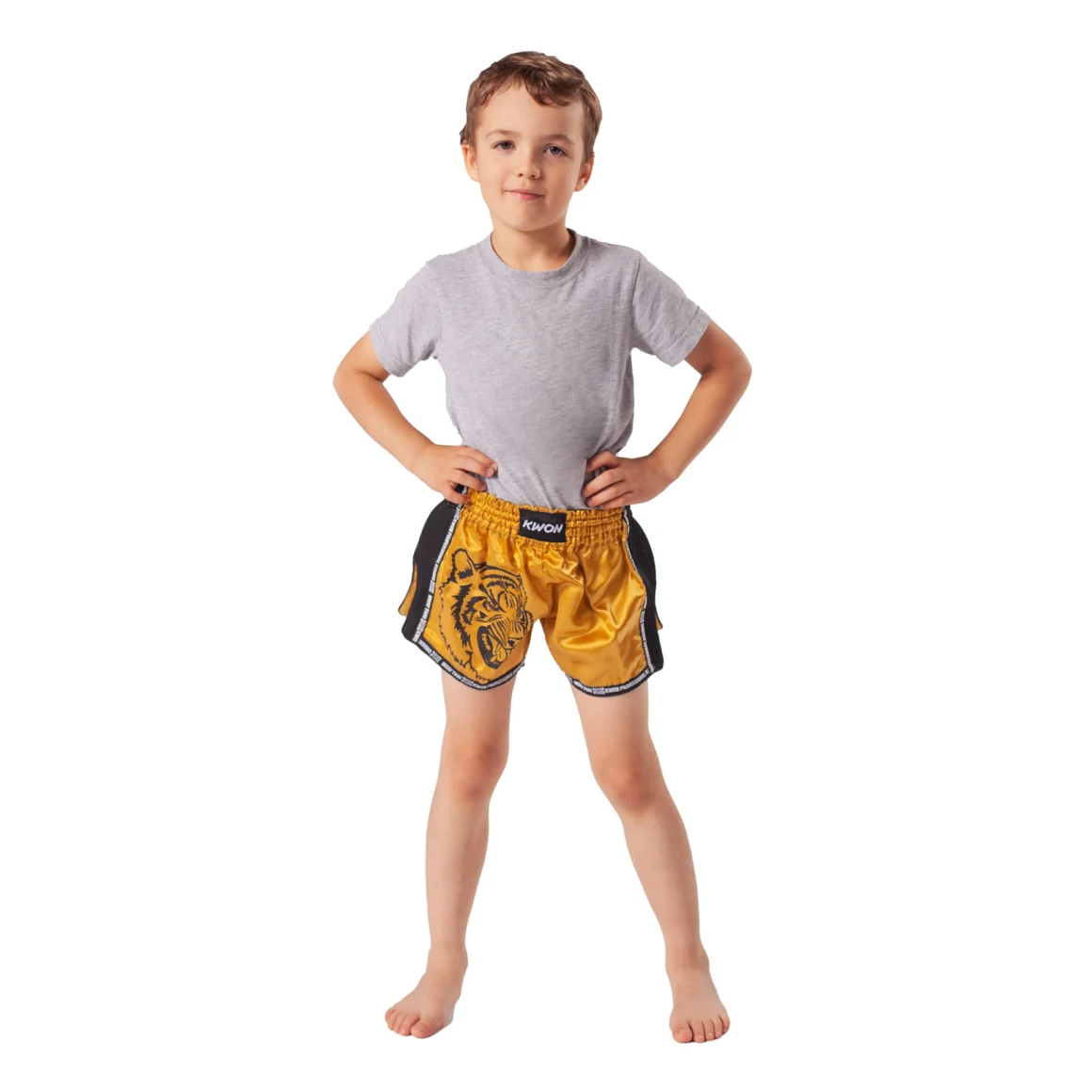 Kwon Kinder Thai Box Shorts gold - Vorderansicht an Kind