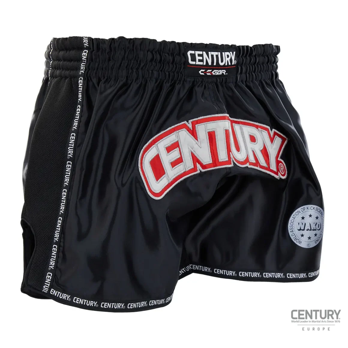Century Wako C-Gear K1 Muay Thai Wettkampf Shorts schwarz-weiß – seitliche Ansicht links
