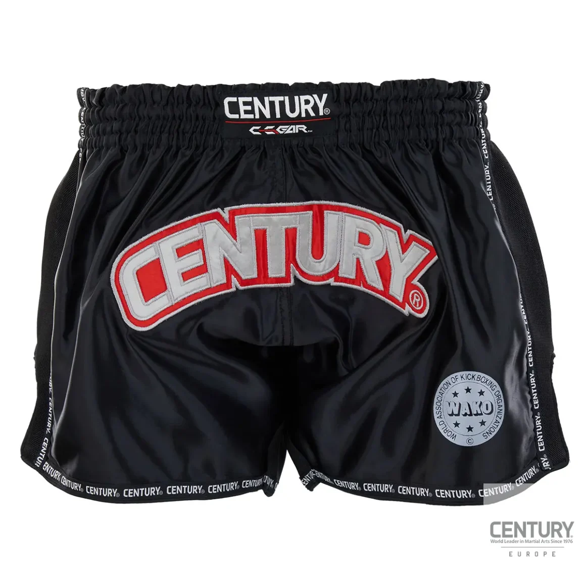 Century Wako C-Gear K1 Muay Thai Wettkampf Shorts schwarz-weiß – Vorderansicht