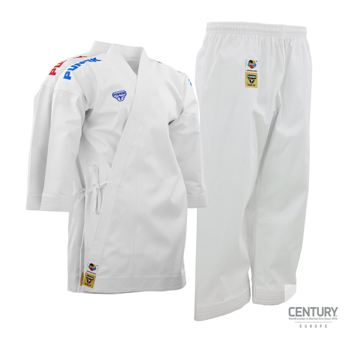 Punok WKF Wettkampf Gold Kata Uniform 3 Teile Set weiß - 2 Jacken weiß (rot, blau) und 1 Hose Vorderansicht